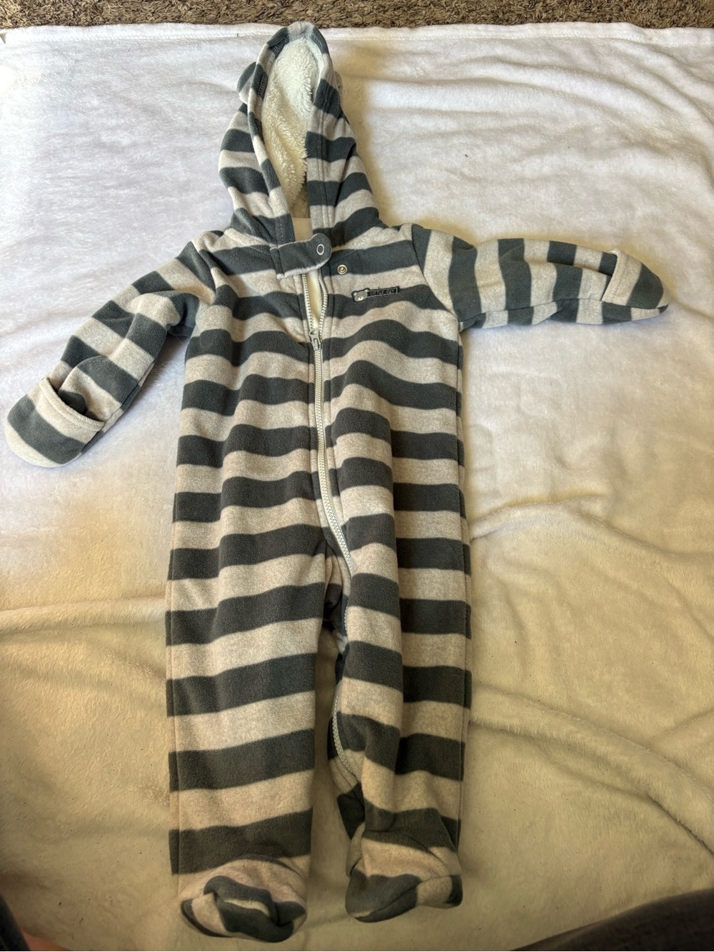 Carter's Gray and Cream Hooded Striped Footed One-Piece